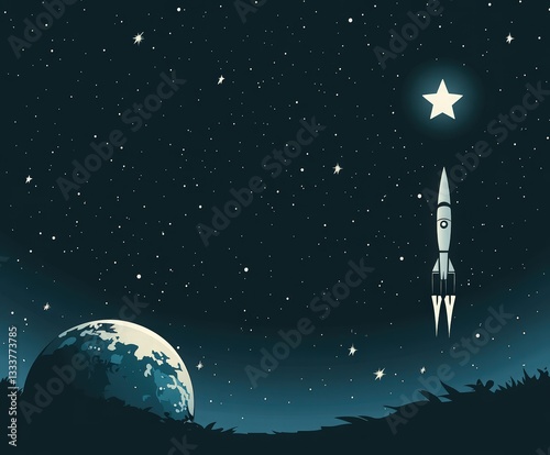cosmonautics day event: space background with russian rocket, earth, moon, and glowing stars