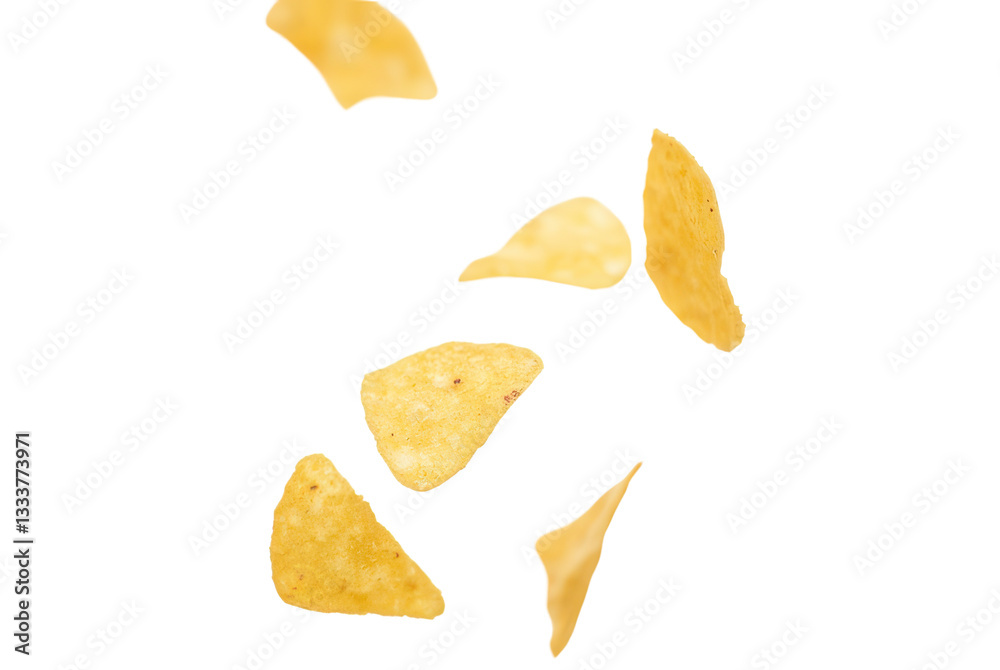 Naklejka premium Flying Crisps Captured in Mid-Air Against a White Background