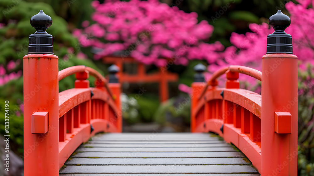 Serene Red Bridge in a Blooming Garden