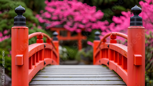 Obraz na płótnie Serene Red Bridge in a Blooming Garden w salonie