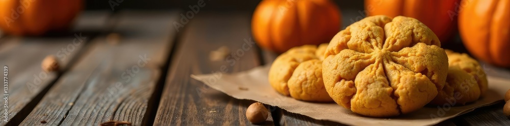 Crunchy sweet pumpkin cookies on wooden table, decorations, baking, wood Crunchy sweet pumpkin cookies on wooden table, decorations, baking, wood