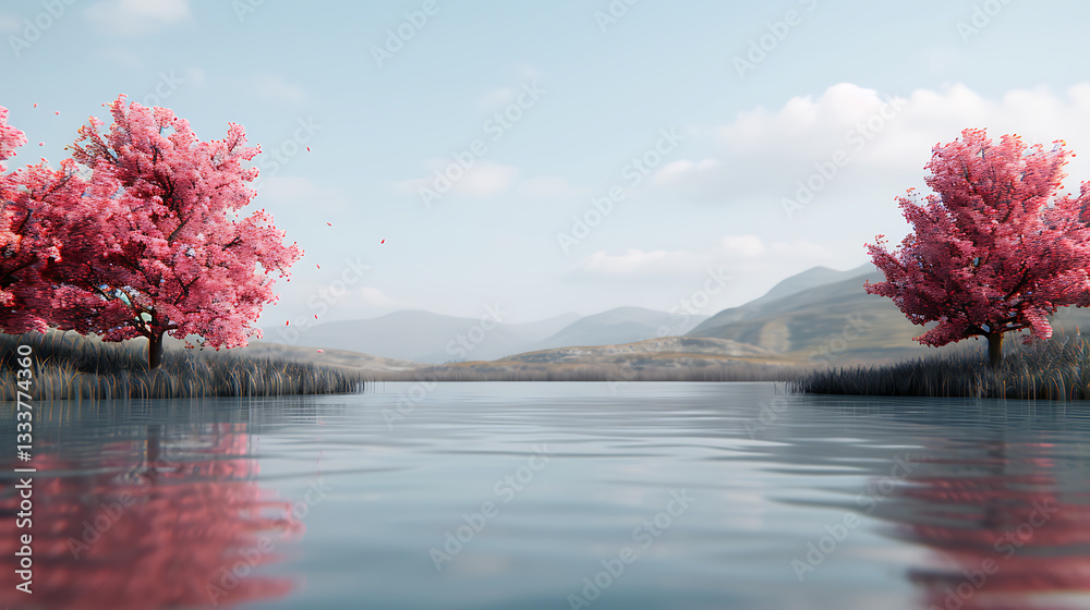 Serene Pink Trees Reflecting on Calm Lake