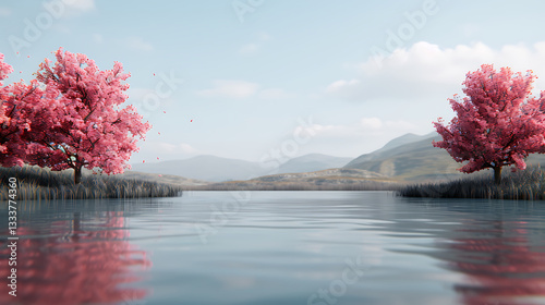 Obraz na płótnie Serene Pink Trees Reflecting on Calm Lake w salonie
