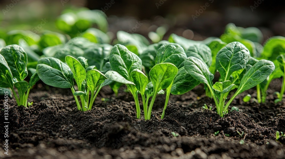 Obraz premium Young spinach plants growing in the rich garden soil currently