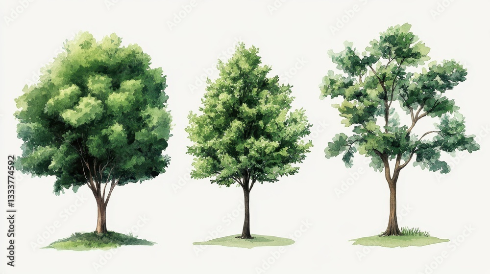Collection of Three Watercolor Trees: A Botanical Illustration Collection of Three Watercolor Trees: A Botanical Illustration