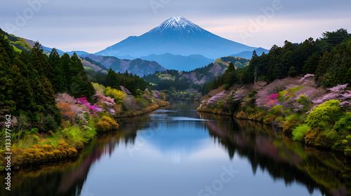 Serene River Reflecting Mount Fuji Spring Blooms