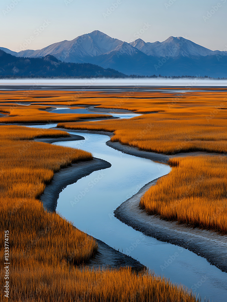 Serene River Winding Through Autumnal Marshland Under Majestic Mountains
