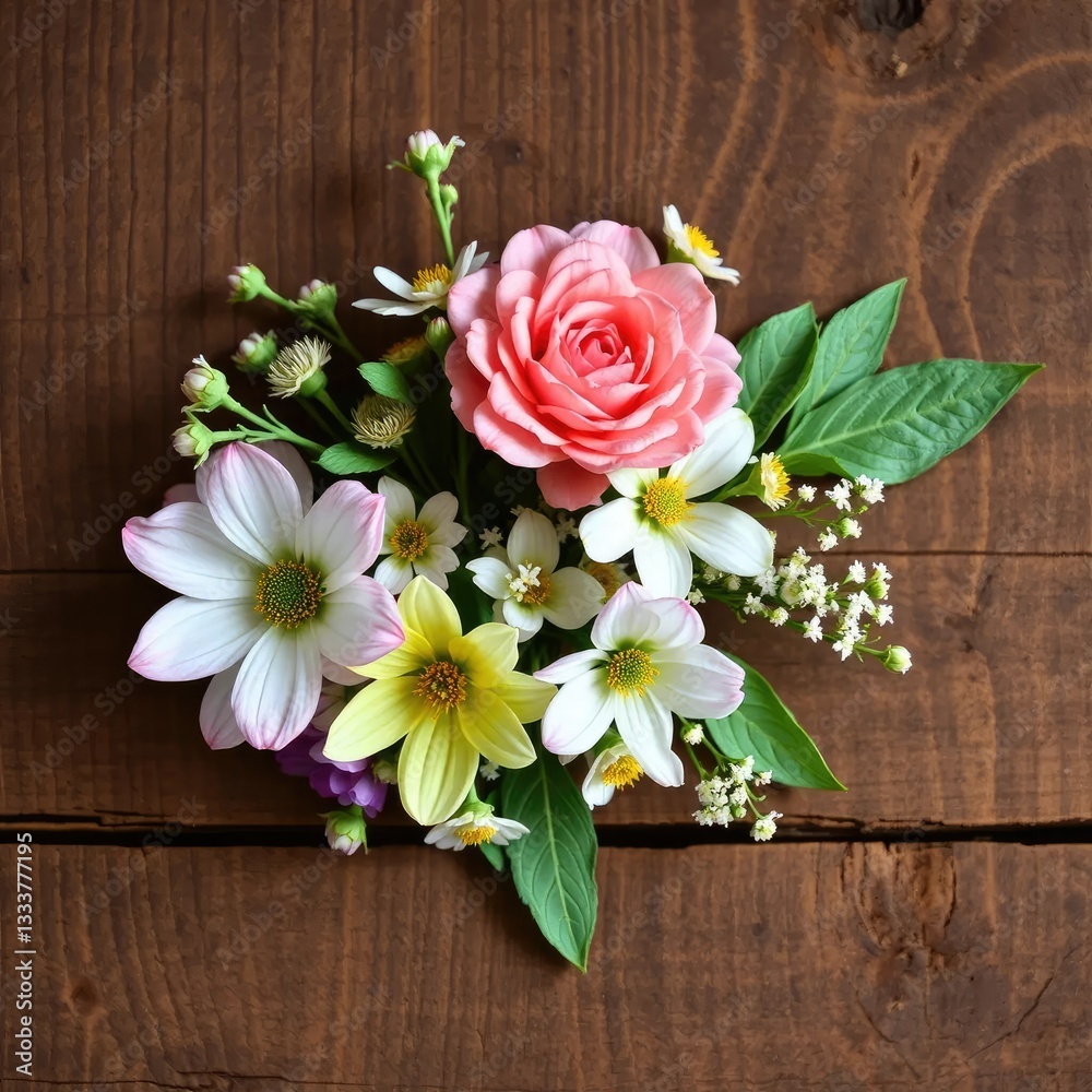 Delicate floral arrangement on wooden surface, nature, art, wooden Delicate floral arrangement on wooden surface, nature, art, wooden