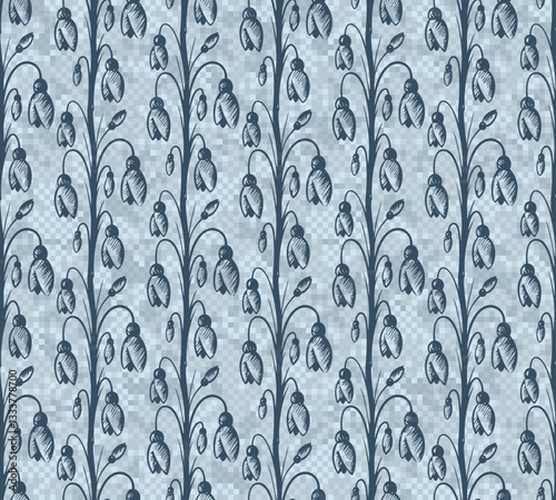 Seamless blue pixel background with flowers.