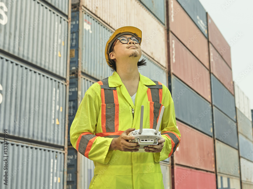 A construction worker in safety gear operating a drone to inspect cargo containers at a logistics and transportation facility