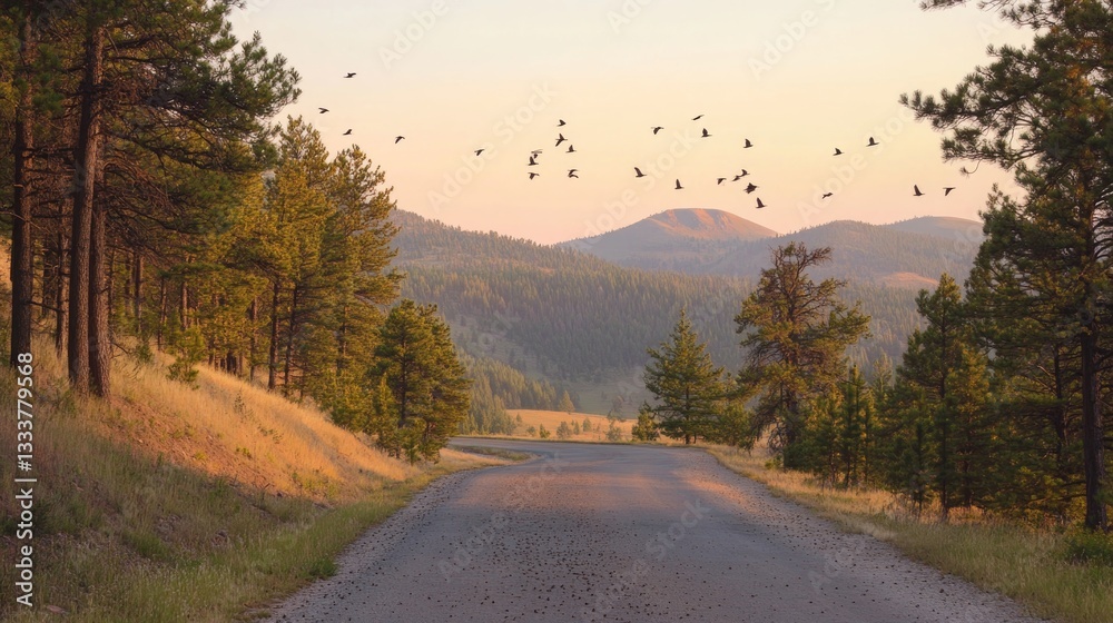 Fototapeta premium A gravel road through a forest with birds flying overhead