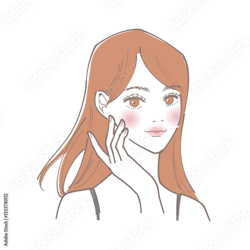 ほおに手を当てて微笑んでいる女性のイラスト