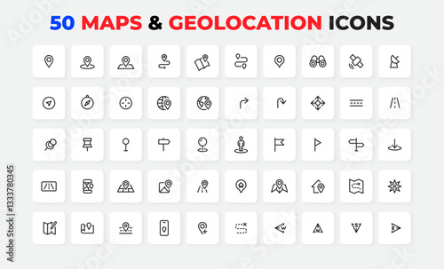 Set of 50 line icons representing maps, geolocation, and navigation. Perfect for applications, design projects, UI UX, and cartographic representations.