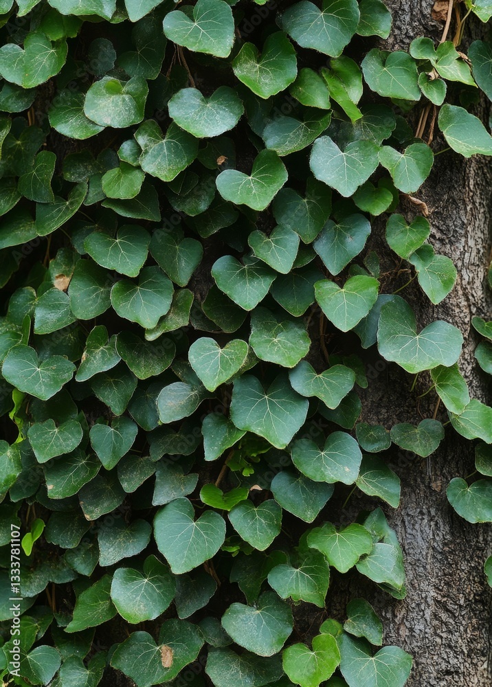 Heart-shaped leaves clinging to tree trunk Heart-shaped leaves clinging to tree trunk