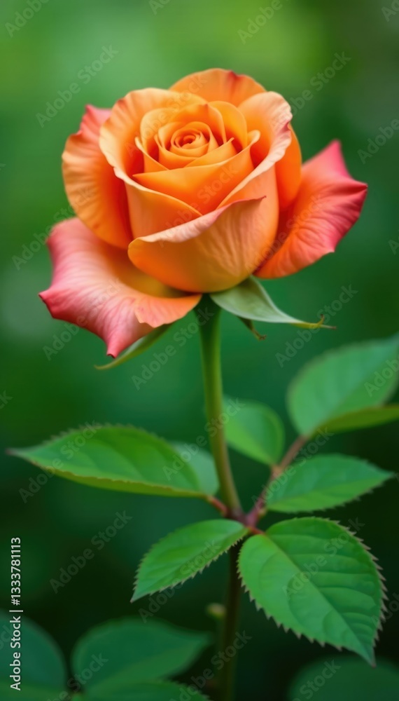 Delicate orange rose petals unfurl on a lush green stem, blooming, greenery Delicate orange rose petals unfurl on a lush green stem, blooming, greenery