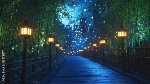 A wooden path winds through a bamboo forest at night with lights