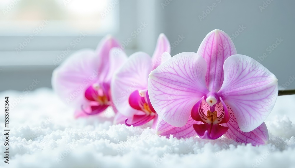 Obraz premium Delicate orchid blooms on a snowy white surface, isolated and serene, flowers, orchids