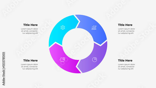 A circular 4 steps arrows infographic with a color gradient featuring placeholders for text, icons, and titles, ideal for data presentation and business applications