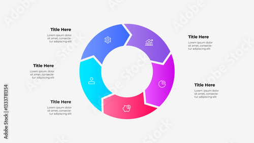 A circular 5 steps arrows infographic with a color gradient featuring placeholders for text, icons, and titles, ideal for data presentation and business applications