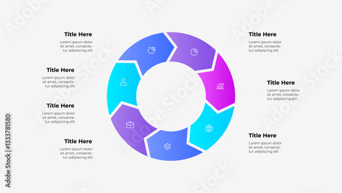 A circular 7 steps arrows infographic with a color gradient featuring placeholders for text, icons, and titles, ideal for data presentation and business applications