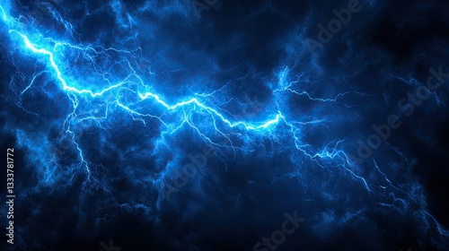 Bright Blue Lightning Bolt Striking Through Dark Stormy Clouds