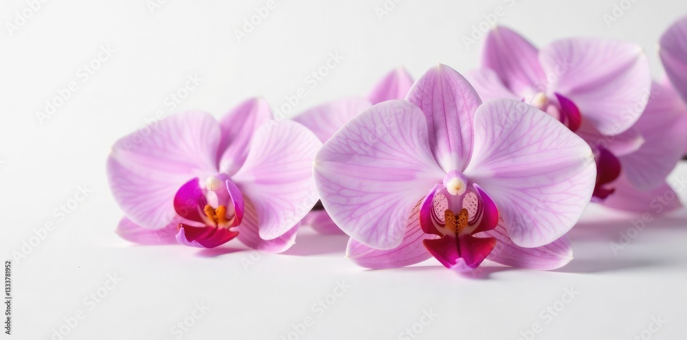 Obraz premium Delicate orchid petals unfolding on a crisp white surface, bloom, white