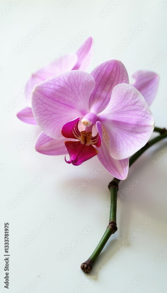 Obraz premium Delicate orchid petals unfolding on a plain surface, plant, blossom, white background