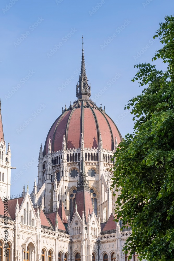 Obraz premium Architectural elements of the Hungarian Parliament building in Gothic style. Architecture of Budapest.