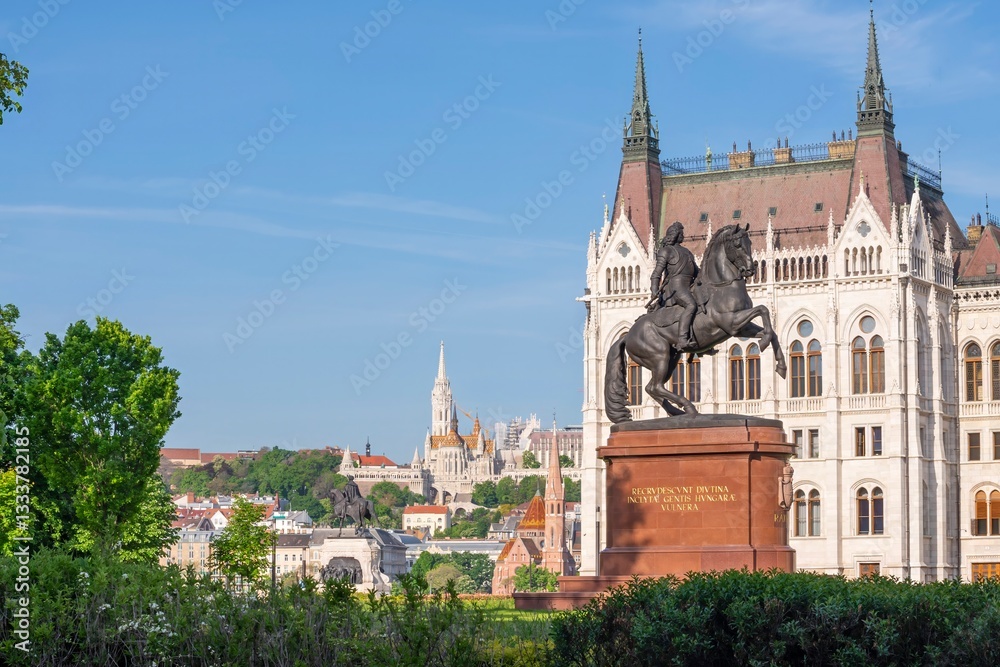 Fototapeta premium Architectural elements of the Hungarian Parliament building in Gothic style. Architecture of Budapest.