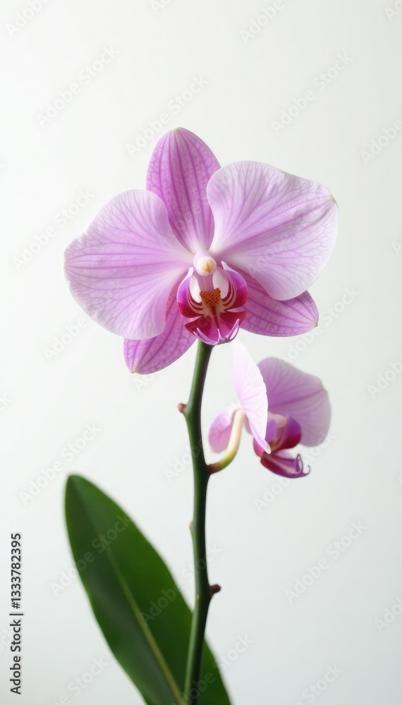 Obraz premium delicate orchid stem with leaves on white background, flowers, nature, plant