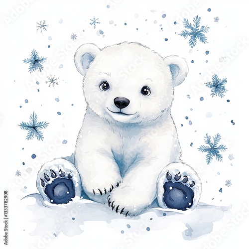 Adorable Polar Bear Cub Watercolor Painting with Snowflakes Winter Wonderland Design