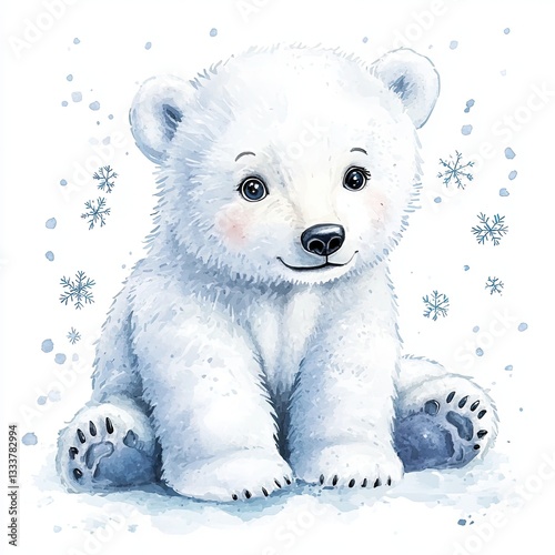 Adorable Polar Bear Cub Watercolor Painting with Snowflakes Winter Wonderland Design
