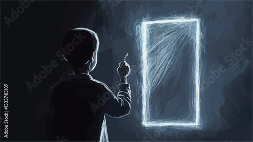 The digital painting depicts a child, rendered in dark silhouette, standing before a brightly lit, rectangular doorway emanating light rays. The child holds a paintbrush, suggesting the creation or