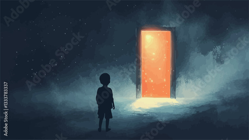 Digital painting depicting a small child standing in a dark, misty environment facing a brightly lit, orange doorway. The child is rendered as a dark silhouette, while the door glows intensely. The
