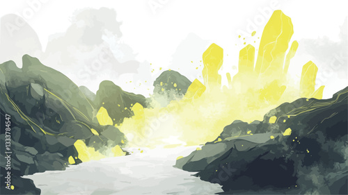 Digital painting depicting an abstract landscape. The scene features a central, bright yellow eruption or explosion emanating from between dark, stylized mountains. A river or stream flows through