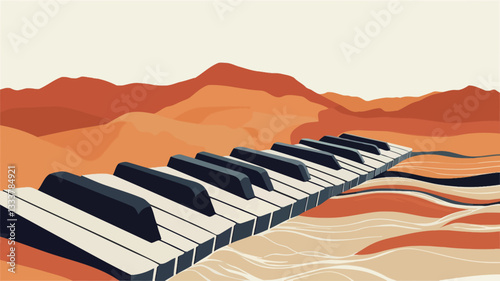 The image is a stylized illustration featuring a set of piano keys positioned horizontally across the foreground. The keys are rendered in a simplified, almost cartoonish style, with black and