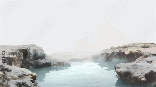 High-angle, long shot of a geothermal spring. The water is a light teal-blue color.  The spring is partially obscured by mist or fog.  Dark-colored rocks frame the spring on either side. The