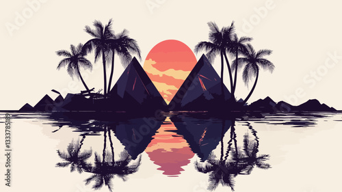 A digital illustration featuring a symmetrical composition.  The central focus is a stylized sunset depicted as a large orange and pink circle, situated between two dark silhouette pyramids. Palm