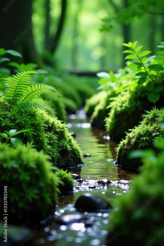 Fototapeta premium ferns and moss growing in a narrow forest stream, green, ferns, wild