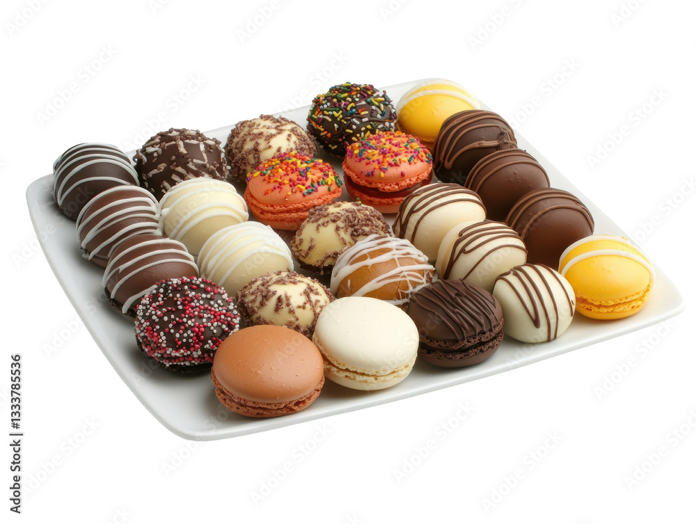 Obraz premium Isolated Selection of Chocolate Truffles and Macarons on a White Serving Plate