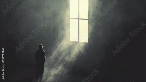 The image depicts a silhouette of a person standing in a dark room, their back to the viewer.  A single window is the source of bright light, casting beams across the otherwise dark space. The