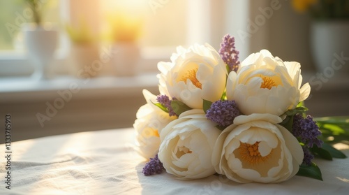 A beautiful, golden-lit Mother's Day bouquet of fresh white peonies and lavender placed gently on a linen-covered table