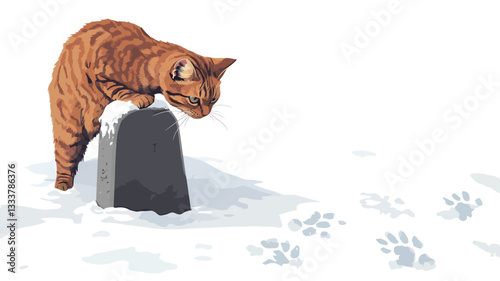 The image shows an orange tabby cat standing on a small, dark grey headstone partially covered by snow. The cat is looking down at the headstone.  The snow is lightly covering the ground.  Cat paw