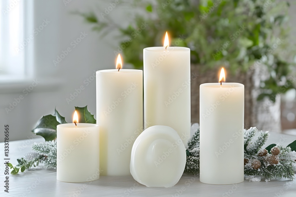 Scenic Winter Candlescape with Burning Pillars and Decor Scenic Winter Candlescape with Burning Pillars and Decor