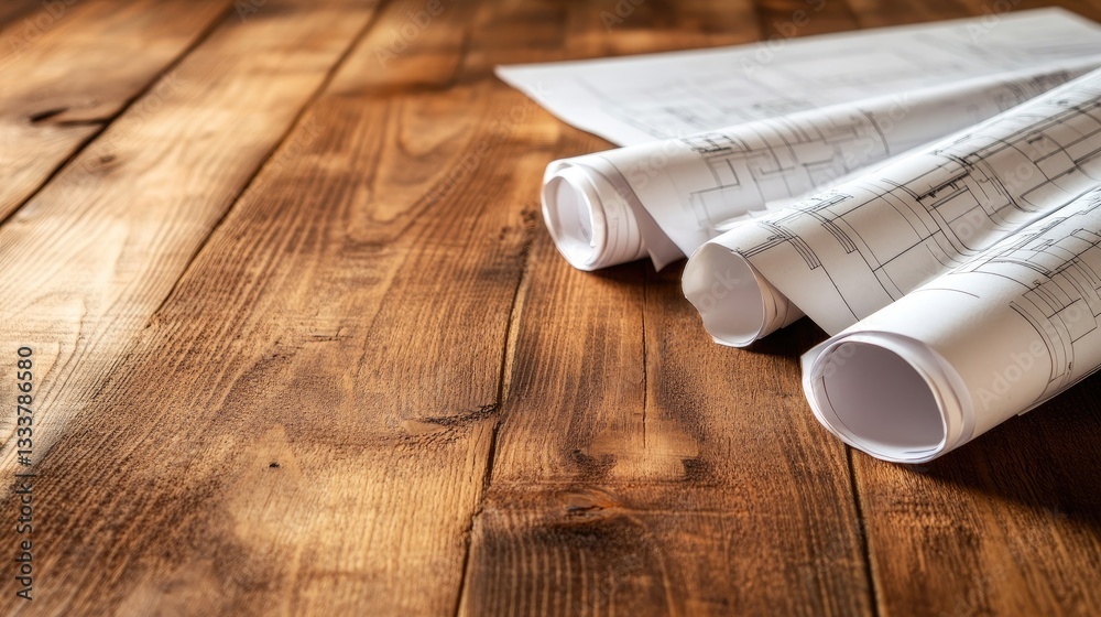 Architectural Blueprints Rolled on Wooden Table Background Architectural Blueprints Rolled on Wooden Table Background