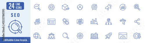 Search engine optimization line icon set. Contains icons as SEO, keywording, target, marketing, traffic, optimization and more. Vector illustration