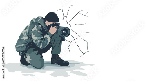 Illustration of a person in camouflage clothing crouching behind a cracked wall, holding a large camera to their eye. The style is vector-based, with flat colors and minimal detail. The background