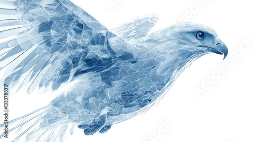 Abstract Blue Bird In Flight Against White Background