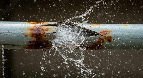 Water leaks from a corroded metal pipe, illustrating plumbing damage, water wastage, and emergency repair needs