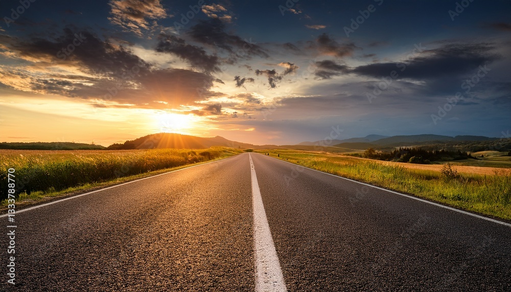 Fototapeta premium empty asphalt road in rural landscape at dramatic sunset